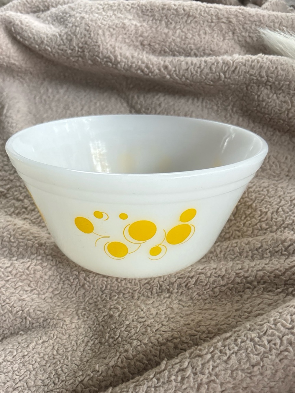 Rare Federal Milk Glass Yellow Atomic Dots  7” Mixing Bowl htf  BEAUTIFUL!